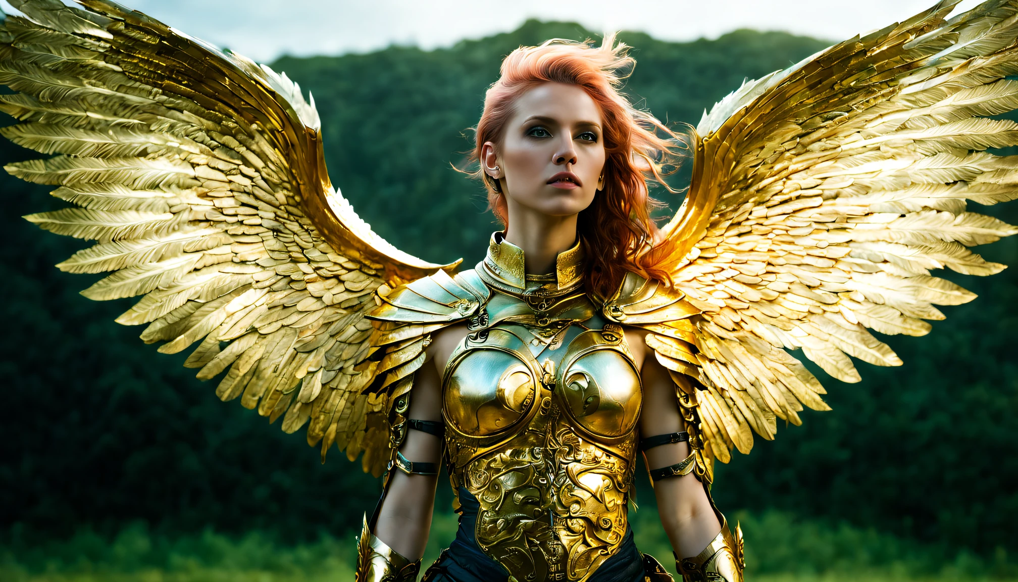 (Gran angular),(estilo eterpunk:1.4),8K , ultra calidad ,naturaleza, Imágenes paganas, intricate detallado, Hermosa valquiria ,gold detallado holy gorgeous armor, intricate detallado wide angelic wings on her back,extendiendo amplias alas angelicales,utopia,magia,detallado,magos,Al aire libre,paisaje increíble,(highly detallado:1.2),(ultrarrealismo:1.2), Realista, detallado, texturizado, piel, pelo blanco platino, ojos verdes, by Alex Huguet, mike colina, Ian Sprigs, Parque Jae Cheol, Marek Denko ,detallemaster2,más detalle XL,(imagen de medio cuerpo)