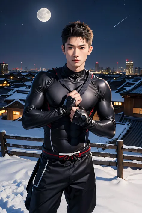 Ninja,Man,handsome,asian,16-20 years young,ninja net suit ,perfect face,abs,open chest dress, crouch on the roof,kunai,ancient japanese city background,night time,stars, snowy, moon light