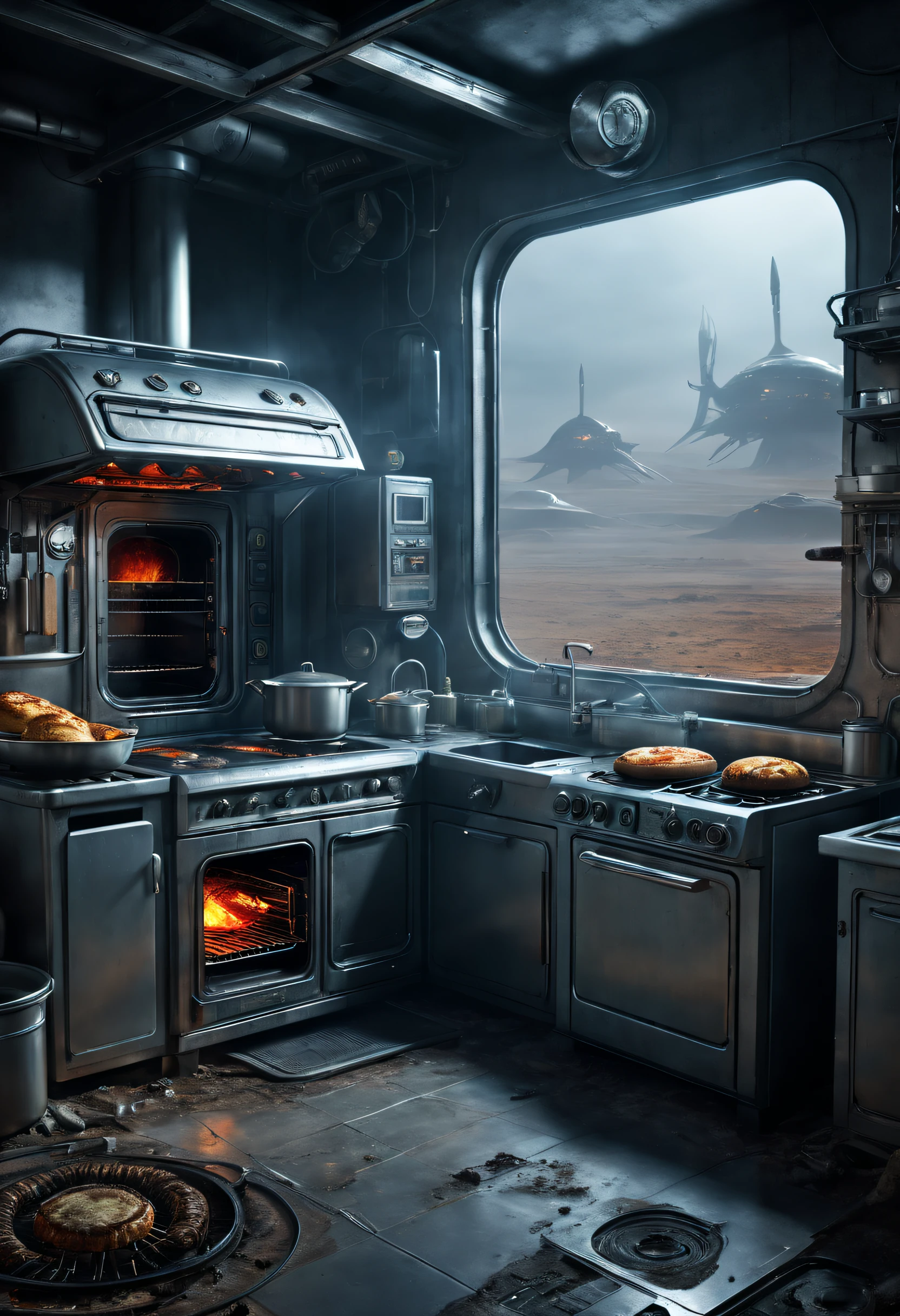 dennis ruston style，Creative product design，Very unified CG,（Alien electric oven），Complicated details，
Background with：kitchen wasteland, sci fi art, ，Excellent，Excellent，hyper realisitc，Thriller，