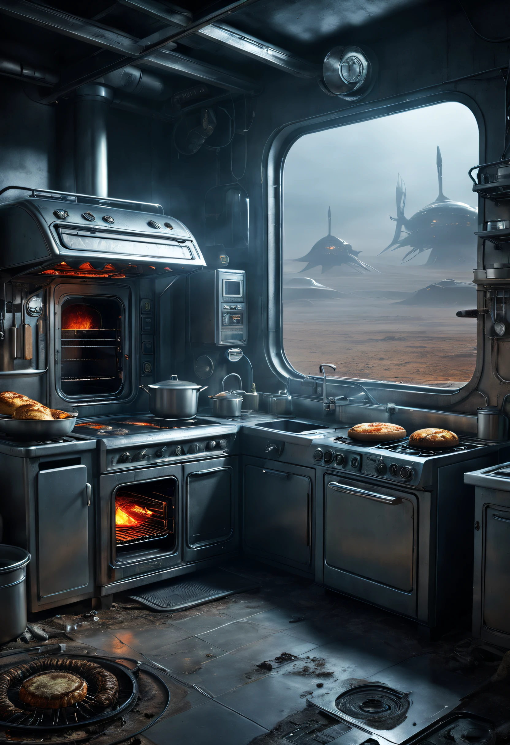 estilo dennis ruston，Diseño de producto creativo.，CG muy unificado,（Alien electric oven），Detalles complicados，
Fondo con：baldío de cocina, arte de ciencia ficción, ，excelente，excelente，hiperrealista，suspenso，