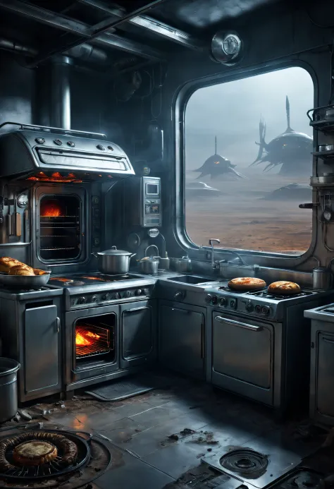 dennis ruston style，creative product design，very unified cg,（alien electric oven），complicated details，
background with：kitchen w...