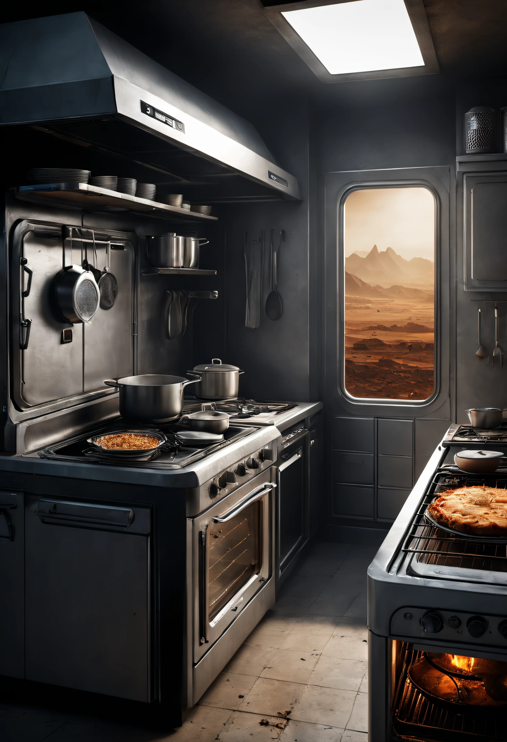 dennis ruston style，Creative product design，Very unified CG,（Bat electric oven），Complicated details，
Background with：kitchen wasteland, sci fi art, ，Excellent，Excellent，hyper realisitc，Thriller，