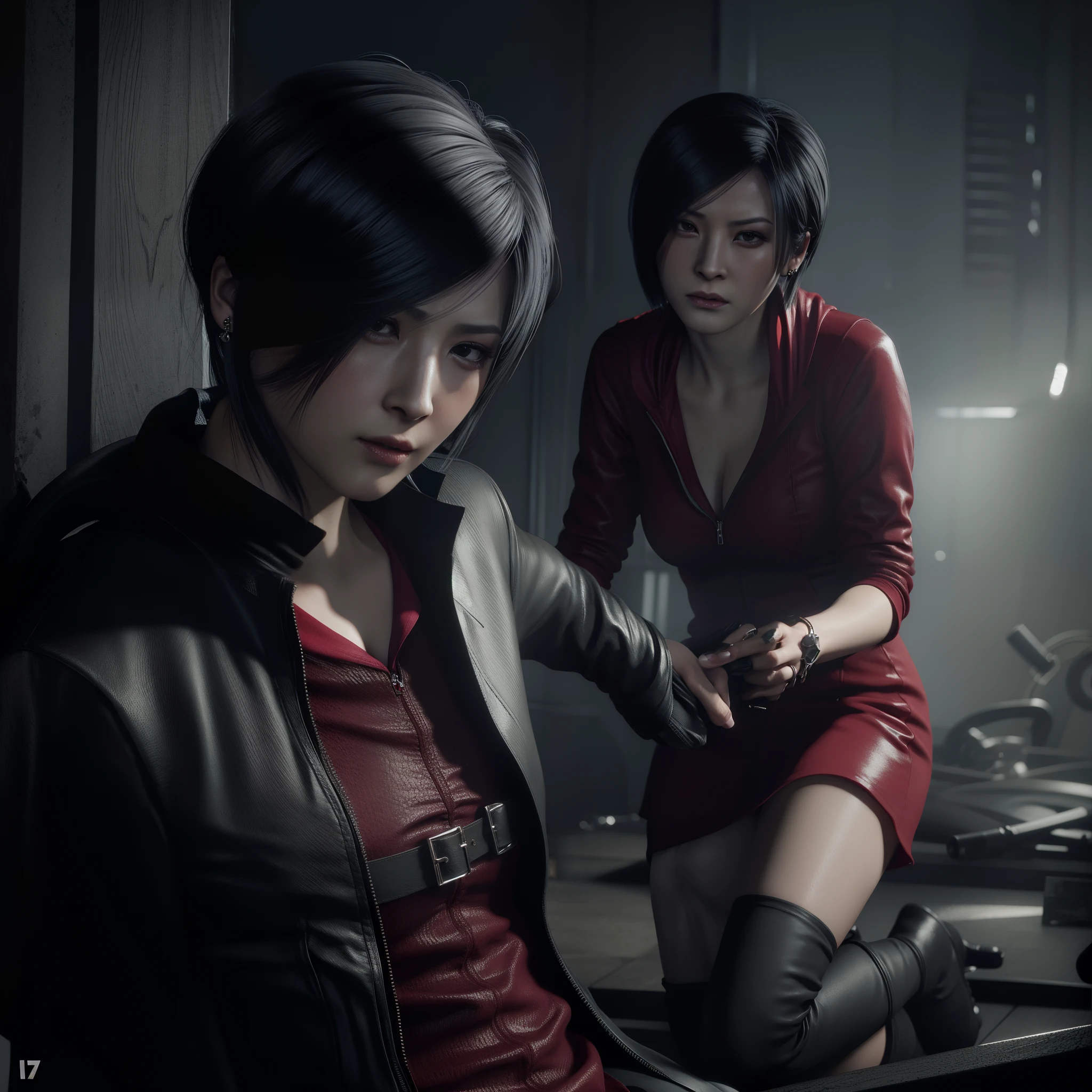 Ada wong ,Woman, wearing mini red dress with hoody, bob hair, Wearing Earrings, black nail polish, glare, sad expression, glaze eyes