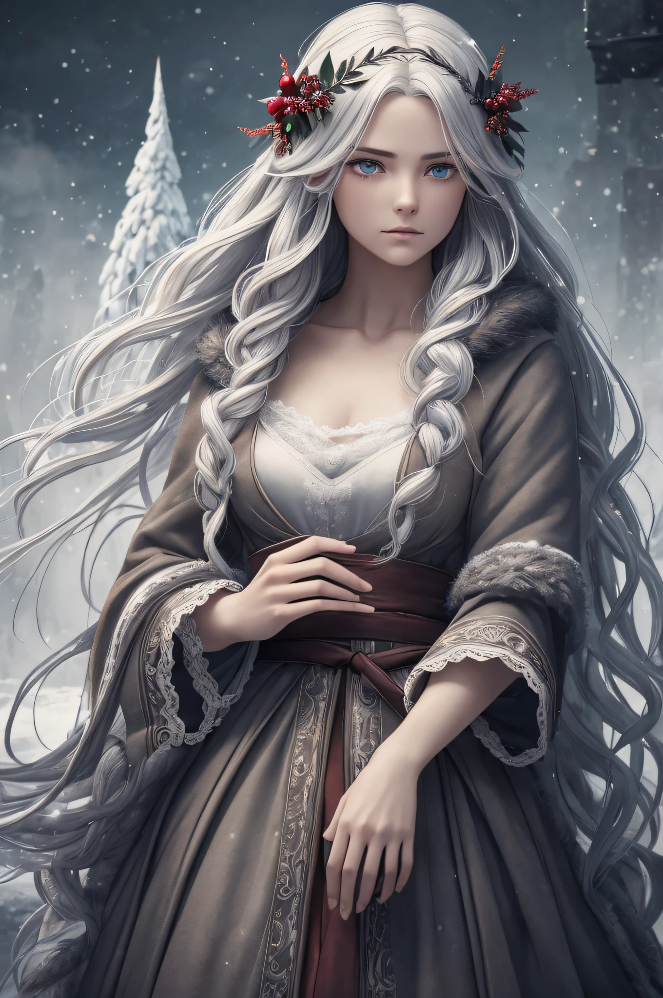 winter, harsh landscape, winter mountain range, picture of beautiful female Santa Elf (full body) sitting on a sack of presents, snow, professional lighting, photons mapping, radiosity, physically based rendering, white hair, gray hair, braided hair, fur coat, detailed grim european 19th century art style, pale skin, high res, 1080p, (clear face), (detailed face description), (detailed hand description), (masterpiece), (exquisite CG), extreme light and shadow, disheveled hair, master work, rich details, (fine facial features), (highest quality photo), (masterpiece), (detailed eyes), blind eyes, mystical scandinavian (misty 1.9), dark (dark 1.4), moody, stylized, white background with one color ink stains, art by Alternity77, cinematic, moody colors