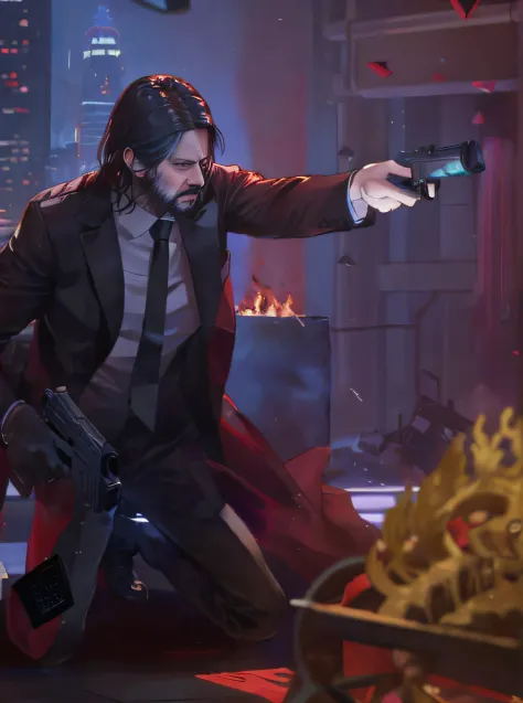 In a dimly lit room，dressed in a suit，Man kneeling and shooting，From the new John Wick movie, John Wick, Red Fox, cinematic action shot, portrait of john wick, dramatic cinematic action shot, Promotion is still in progress, february), Movie action stills, ...