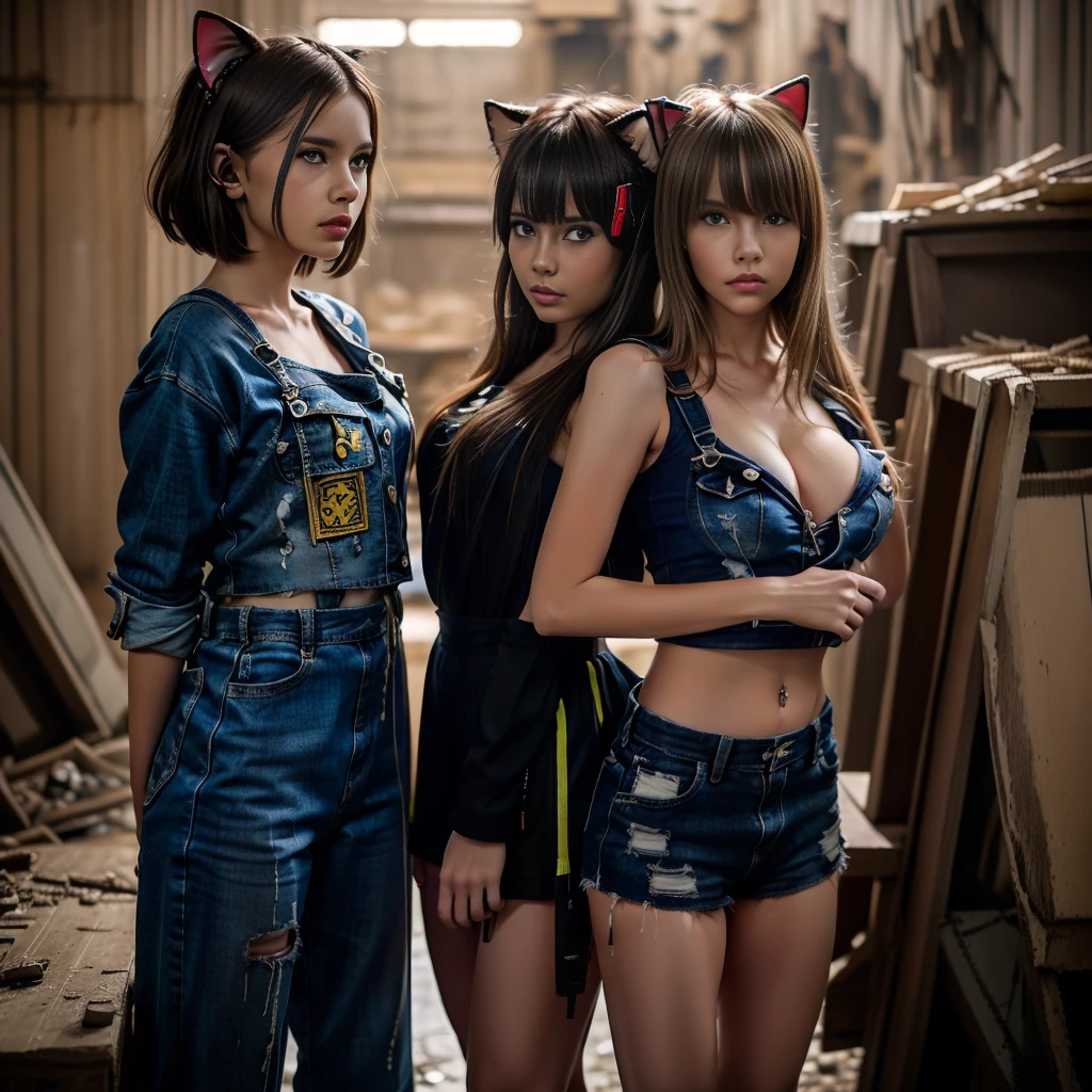 13 year old girls, dressed in cyberpunk overalls, one piece suits, light blue and yellow, with patches with radioactive emblems, in a apocalyptic ruin with guns next to them, cyberpunk helmets next to them, wearing Cat ears, hand guns on side, ripped clothes reveal part of breast, very short tops show bottom part of breast,