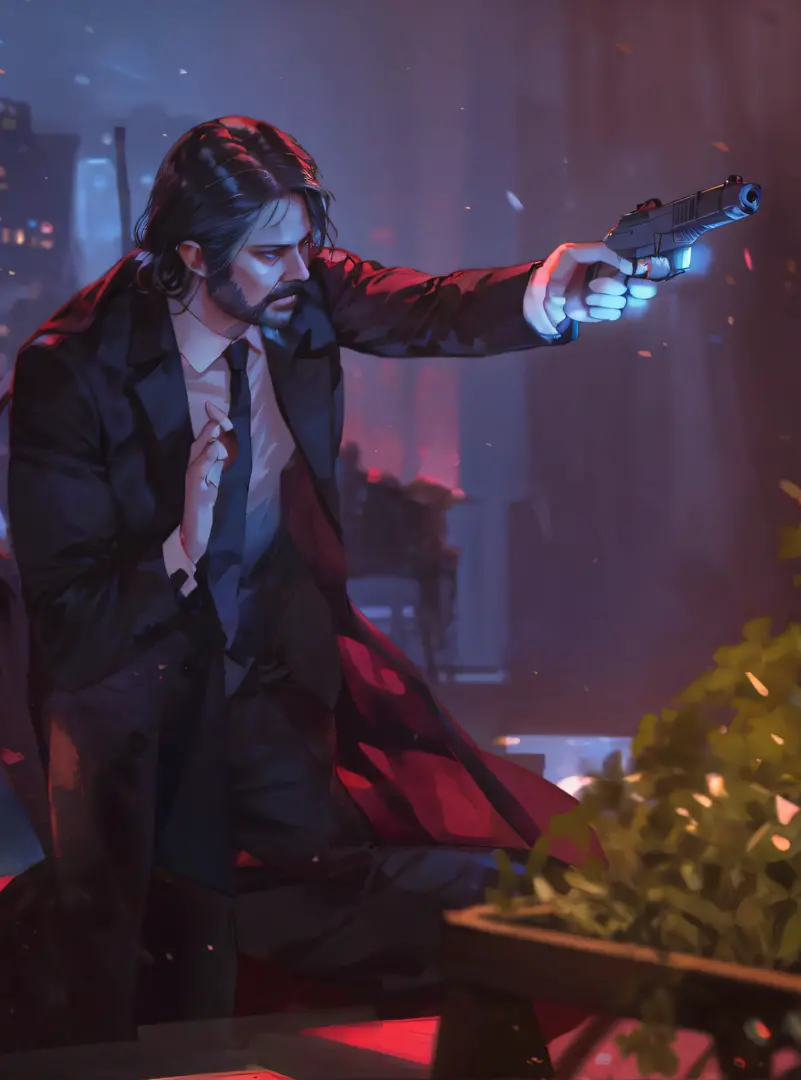 In a dimly lit room，Wear a suit、wearing a tie、Arab lady with gun, in the john wick movie, From the new John Wick movie, John Wick, Red Fox, cinematic action shot, portrait of john wick, dramatic cinematic action shot, Promotion is still on, february), Movi...