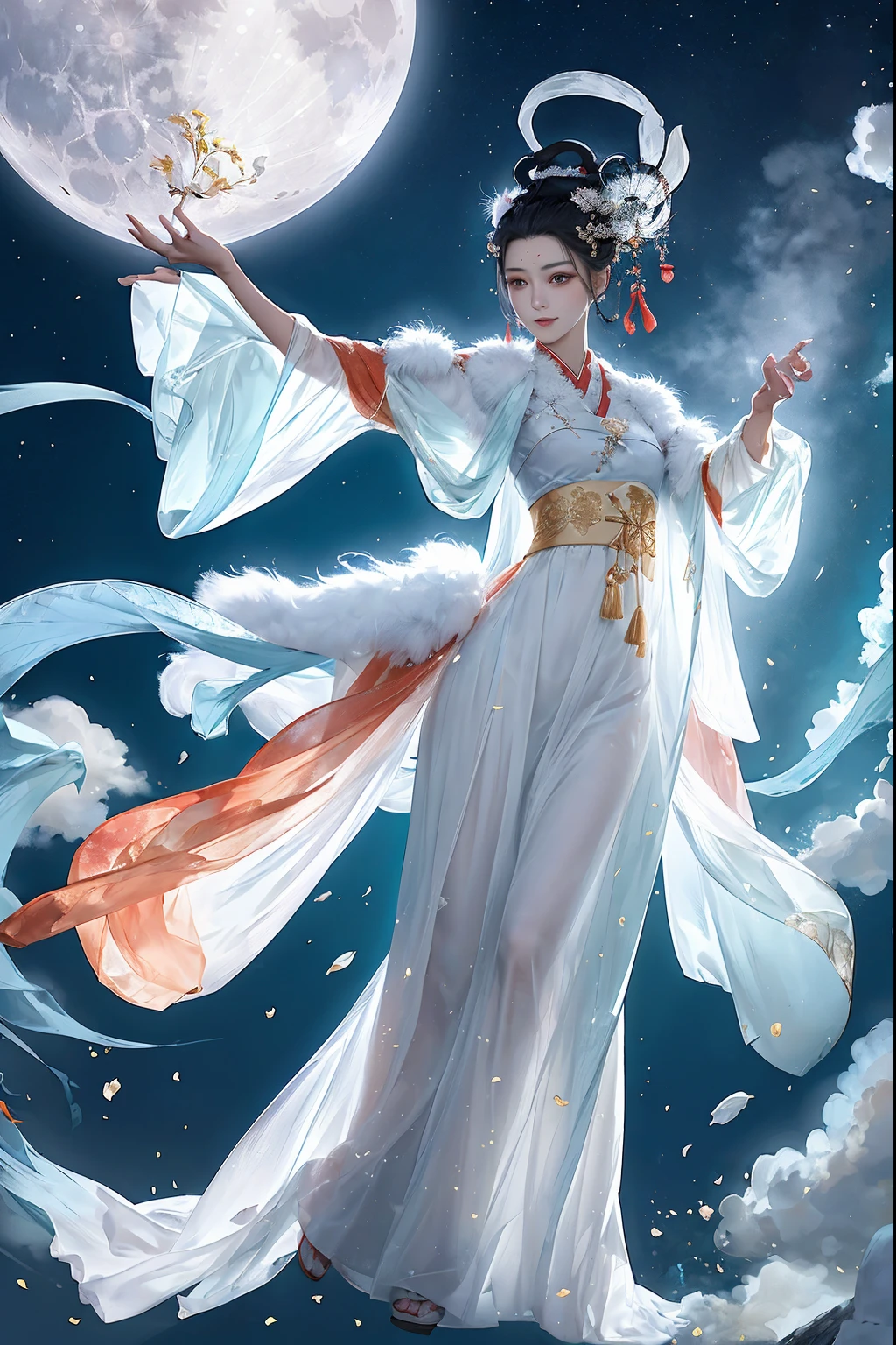 chef-d&#39;œuvre,La meilleure qualité au mieux, 1 belle femme, image du corps entier, costume chinois ancien, hanfu, flottant, ciel étoilé, la lune, partie brumeuse, ​​des nuages, Des traits du visage exquis, beau visage, de beaux yeux, travail épique, Objectifs de cinéma