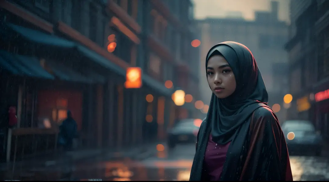 Imagine the Malay girl in hijab as the main character in a classic film noir. Enhance the drama with moody lighting, shadows, an...