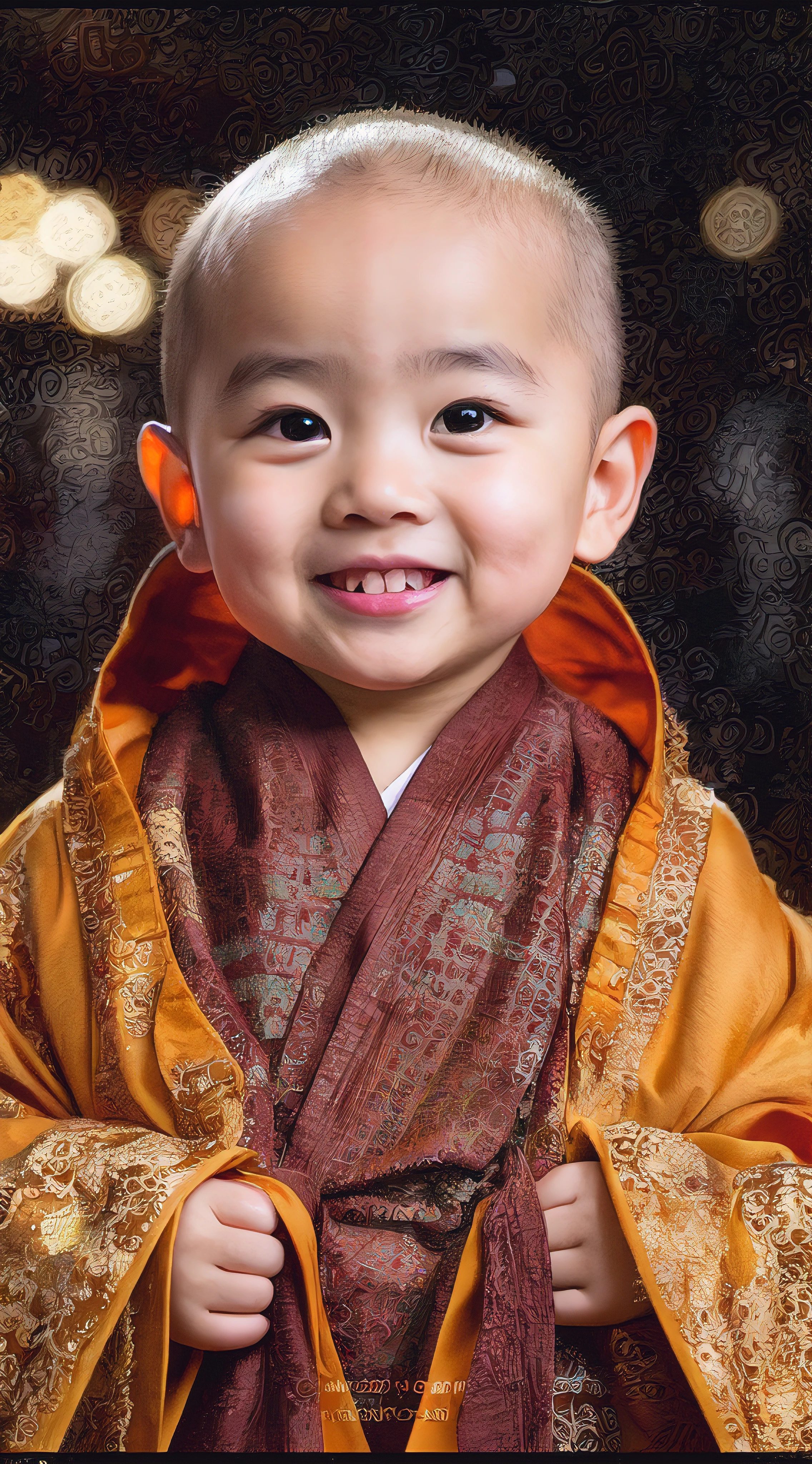 One in a robe、Close-up of smiling baby, Monk's robes, wearing brown robes, ruan jia beautiful!, Brown robe, wearing a long flowing robe, monk, TRADITIONAL CHINESE COSTUMES, portrait of monk, yanjun chengt, Portrait shooting, dressed in simple robes, buddhist monk, Chinese traditional, Buddhists, An innocent smile, smiling warmly, High-quality portraits