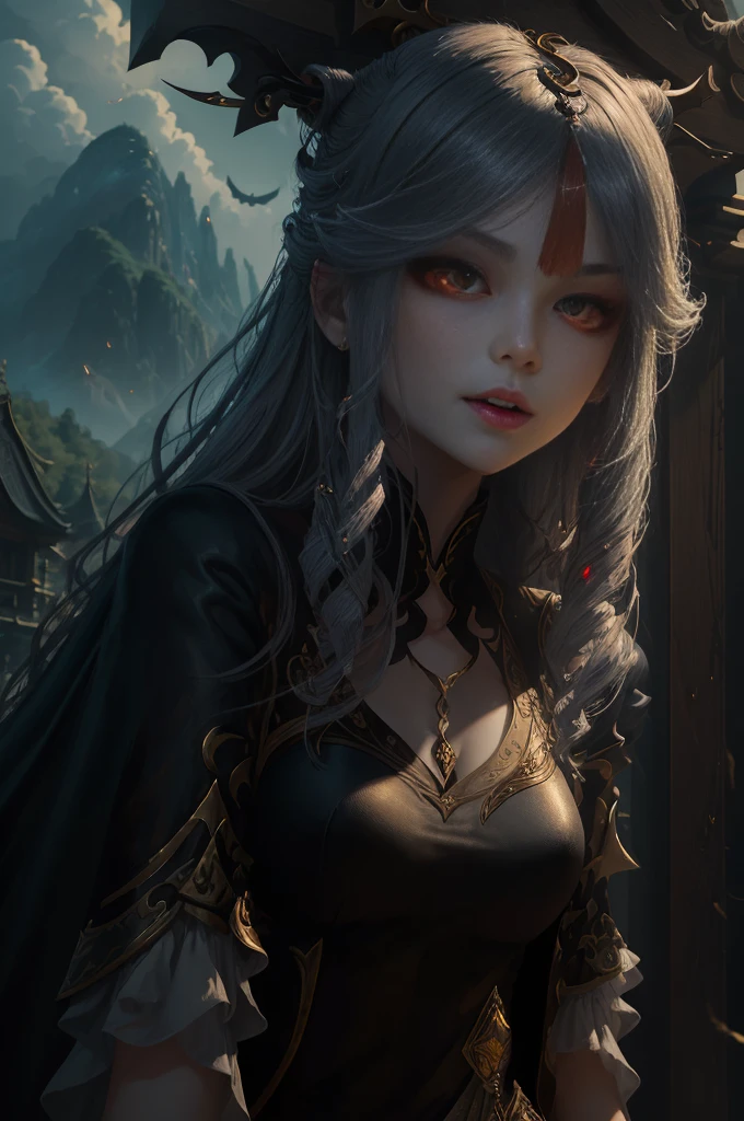 Vampire Girl , Masterpiece, ,(solo:1.1), a perfect face, (vivid lighting:1.2),beautiful detail eyes, extremely detailed face, perfect  lighting,Masterpiece, Best Quality, 1girl, pale skin, hairlong, 20years old , red eyes, fangs, A glass of blood in his hand, Complex hairstyle, Vampire Fangs, open mouth, sharp teeth, Vampire Fangs, in full height , seductive position, upper-body, ssmile, blushful, En plein air, jour, Simple background, blue skies,hairlong, The sky, temple, looks at the viewer, ladder, mountain, Gloomy lighting, facing the viewer,Vivid eyes