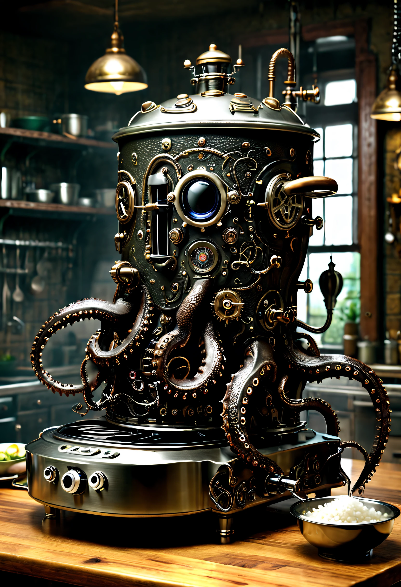 （Octopus shape rice cooker），（crocodile monster），goth style，punk，Creative product design，Very unified CG，Complicated details， Background with：kitchen wasteland, sci fi art, ，Excellent，hyper realisitc，Thriller，dennis ruston style，