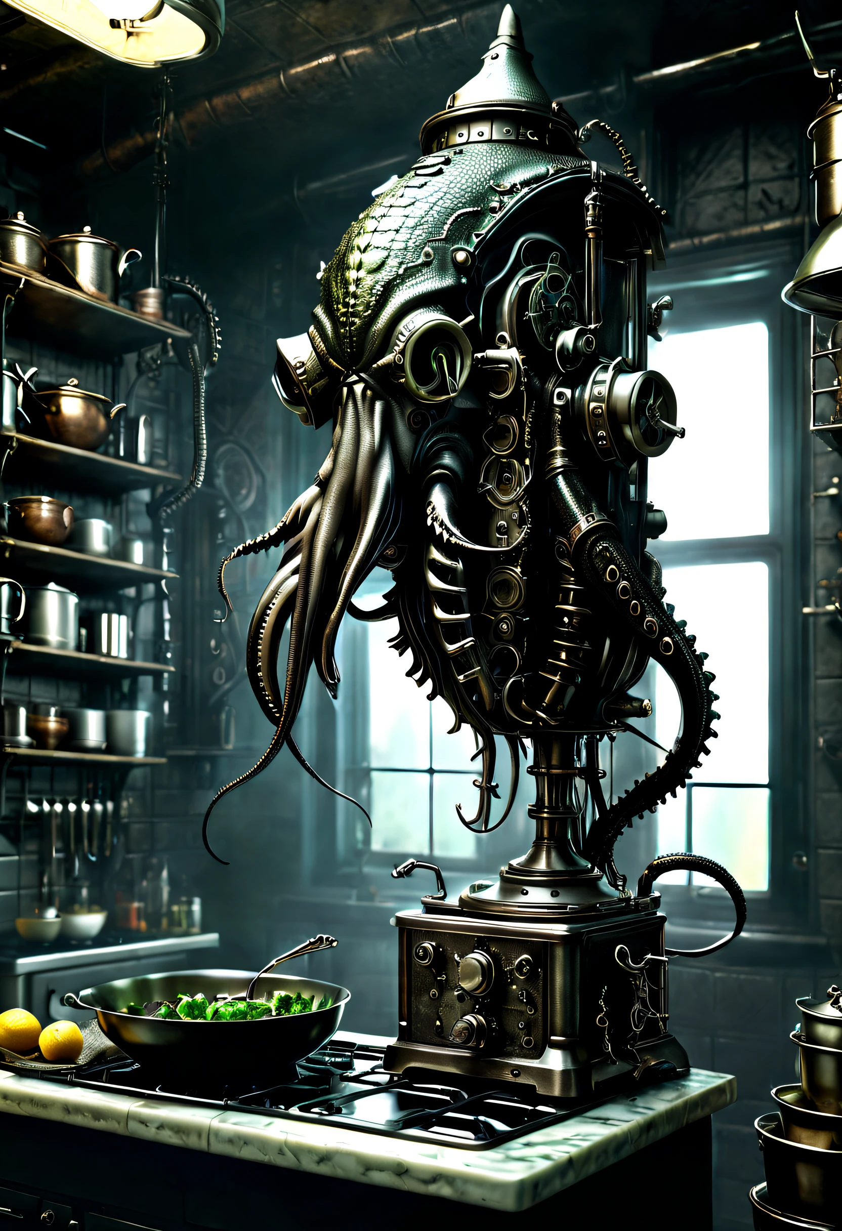 （Tintenfischförmiger Mixer），（Krokodilmonster），Gothic-Stil，punk，Kreatives Produktdesign，Sehr einheitliches CG，Komplizierte Details， Hintergrund mit：Küchenbrache, Science-Fiction-Kunst, ，Exzellent，hyper realisitc，Thriller，Dennis Ruston-Stil，