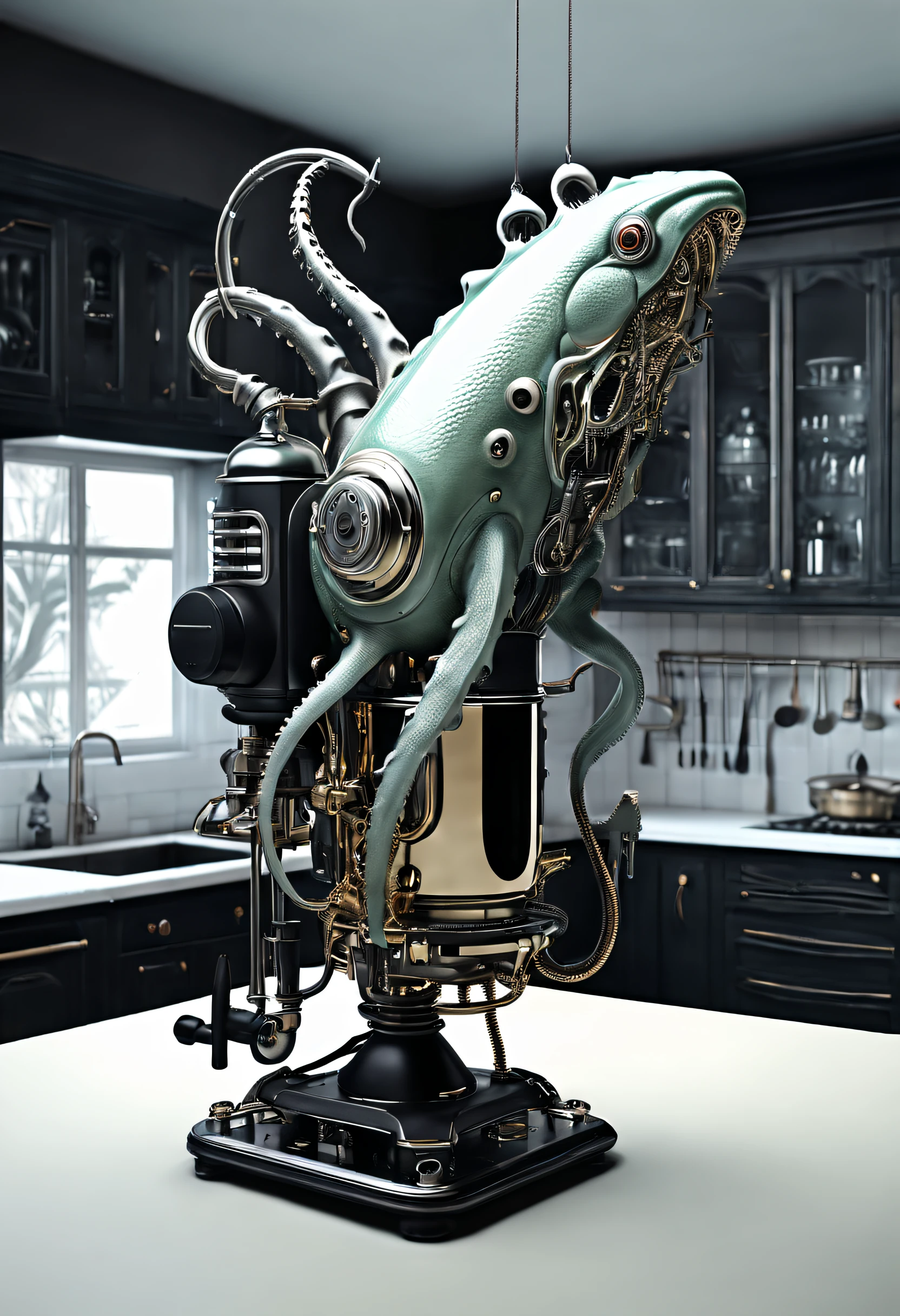 （Tintenfischförmiger Mixer），（elektrischer Entsafter）（Krokodilmonster），Gothic-Stil，punk，Kreatives Produktdesign，Sehr einheitliches CG，Komplizierte Details， 
Hintergrund mit：Küchenbrache, Science-Fiction-Kunst, Raumstil，Exzellent，hyper realisitc，Thriller，Dennis Ruston-Stil，