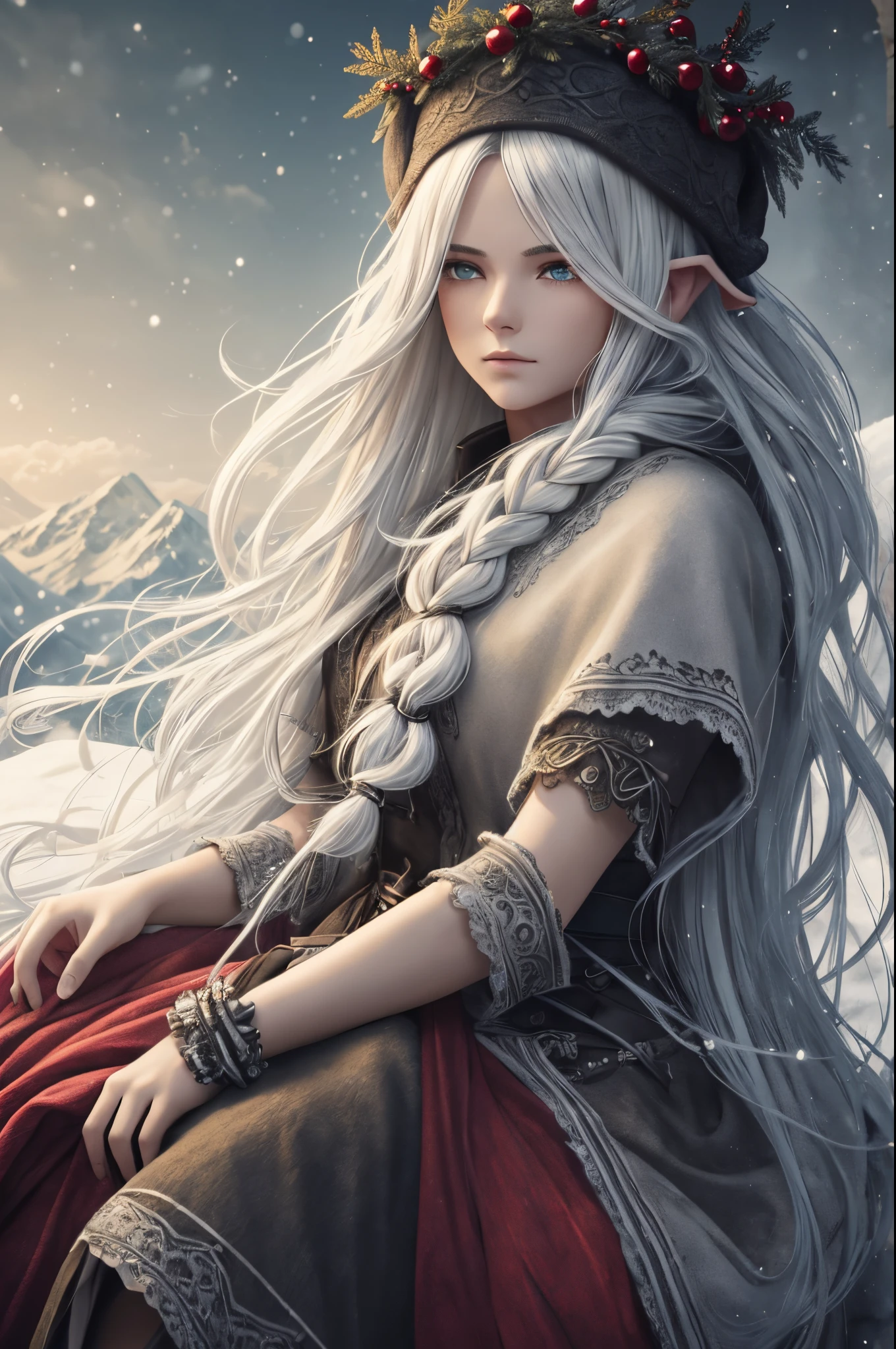 winter, harsh landscape, winter mountain range, picture of beautiful female Santa Elf (full body) sitting on a sack of presents, snow, professional lighting, photons mapping, radiosity, physically based rendering, white hair, gray hair, braided hair, fur coat, detailed grim european 19th century art style, pale skin, high res, 1080p, (clear face), (detailed face description), (detailed hand description), (masterpiece), (exquisite CG), extreme light and shadow, disheveled hair, master work, rich details, (fine facial features), (highest quality photo), (masterpiece), (detailed eyes), blind eyes, mystical scandinavian (misty 1.9), dark (dark 1.4), moody, stylized, white background with one color ink stains, art by Alternity77, cinematic, moody colors