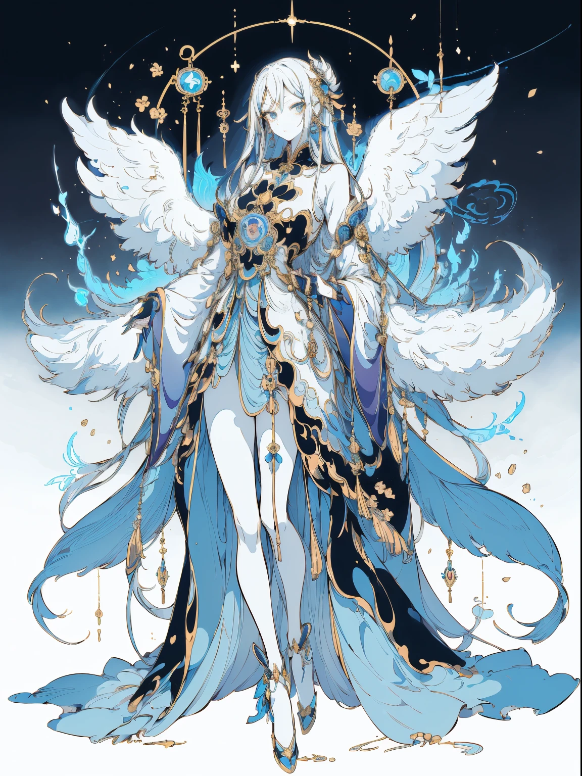 (Designed by nty:1.4),Full body portrait of 1 girl, Yoshitaka Amano character design,solo,Angelic, symmetric beauty, the angel's wings, Gorgeous long dress, The stands up, (((solo))), Colorful collocation，Clear facial features, Clean line design, Magical elements, future-tech, ((tarot card background)), Standing figure of the figure, ((flatcolors)), (tmasterpiece，top-quality，Best quality，Ultra-high resolution), ((exquisite facial features，Clear facial features，beautidful eyes，beauitful face))