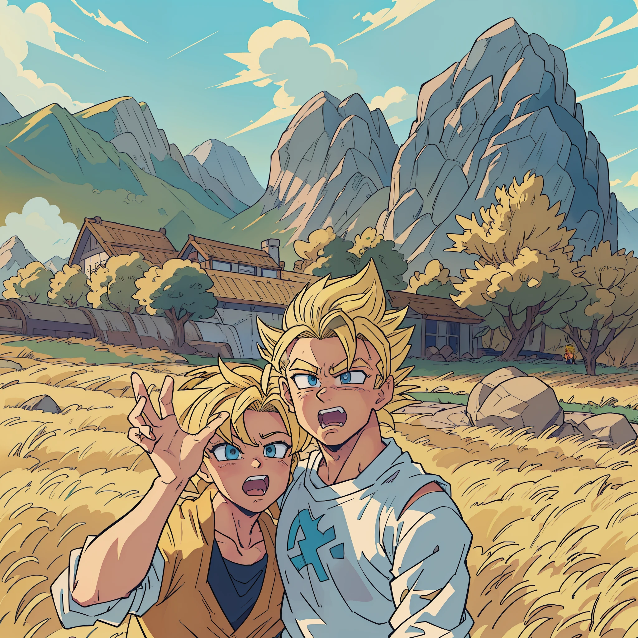 there are two people standing in a field with mountains in the background, ,HD, ((super saiyan)),(drawing, manga, ((masterpiece)) 4k, ((manga-style)) drawing style, character concept, super saiyan shape, ((blonde hair:1.3)), blue eyes, Son Goku, (spiked up hair), screaming