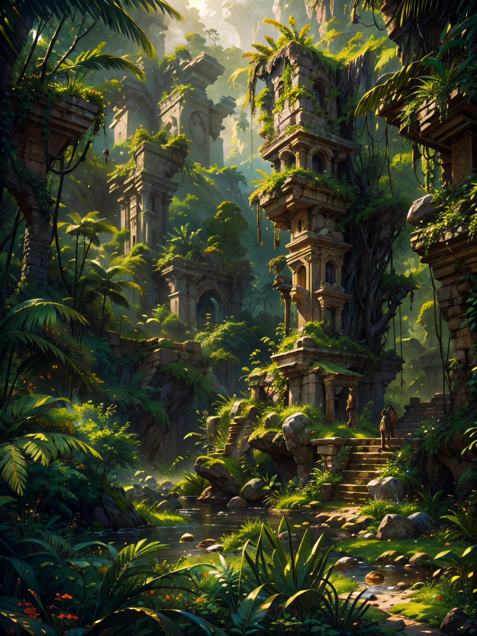 (best quality,highres,masterpiece:1.2),detailed turkey,tropical jungle of stone spikes,richly textured feathers,curious expressions,wild,complex ecosystem,lush green foliage,ancient stone formations,harsh,unforgiving environment,mysterious atmosphere,lively,active subjects,harmonious interaction,clashing textures,contrast between soft and hard,ethereal lighting,epic landscape,mesmerizing colors,dramatic composition,artistic portrayal.