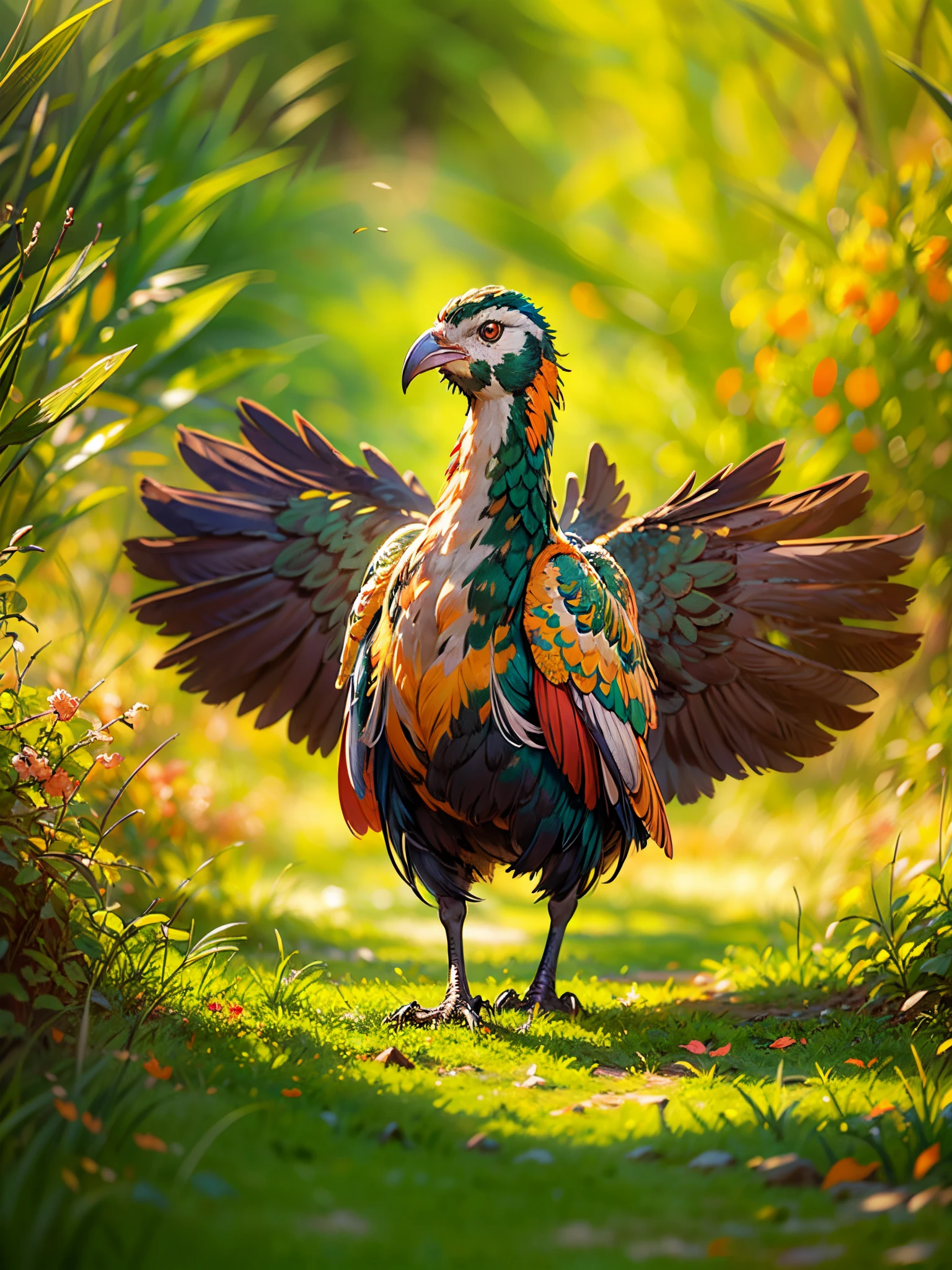 turkey,on the hill ,sunlit,with colorful feathers,wings spread,outdoor,freedom,close-up scene,high resolution,artistic rendering,vivid colors,bright sunshine,green grass,harmony with nature,bokeh effect,sharp details,portrait photography,subtle shadows,warm color tones