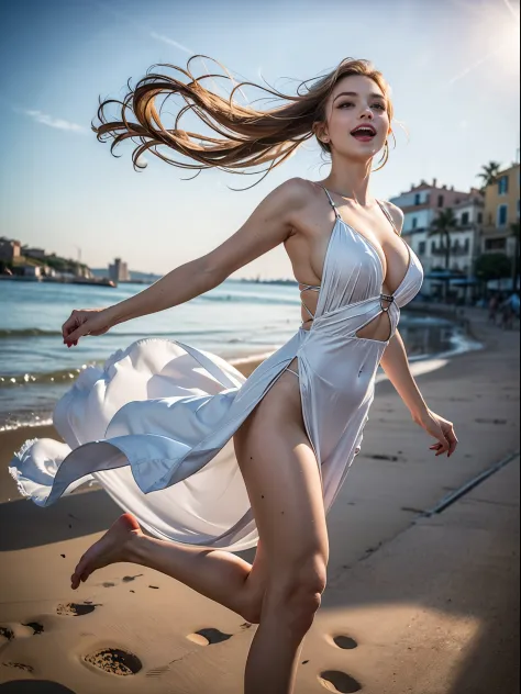 (best quality,masterpiece,high resolution, photorealistic,insanely detailed),{1girl,NSFW},{Caucasian,24_years_old,supermodel,front view:1.2},{running on the beach:1.3,running towards the viewer:1.3,dynamic running pose:1.3,watching at viewer},BREAK 
{{wear...