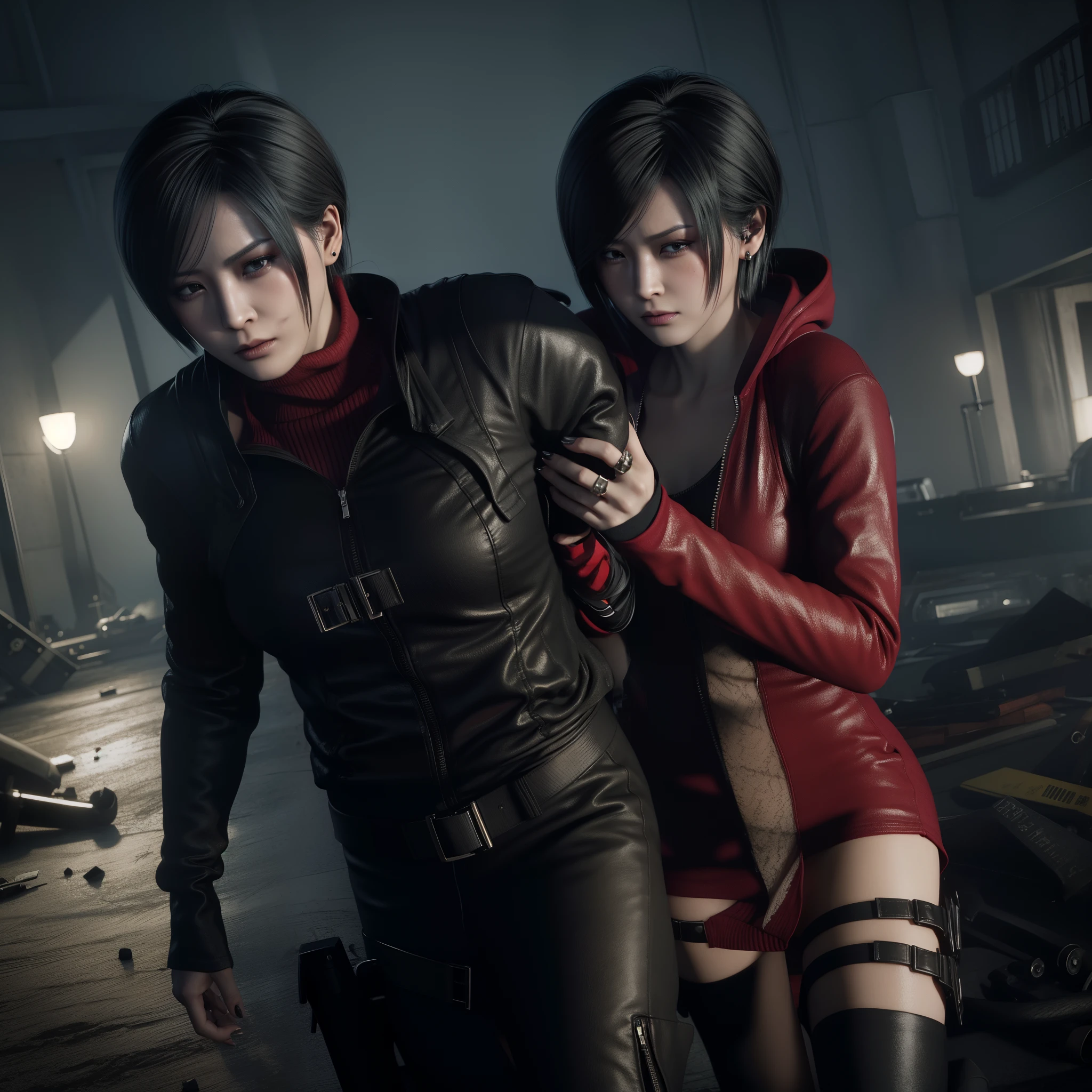 Ada wong ,Woman, wearing mini red dress with hoody, bob hair, Wearing Earrings, black nail polish, sad expression, glazed eyes