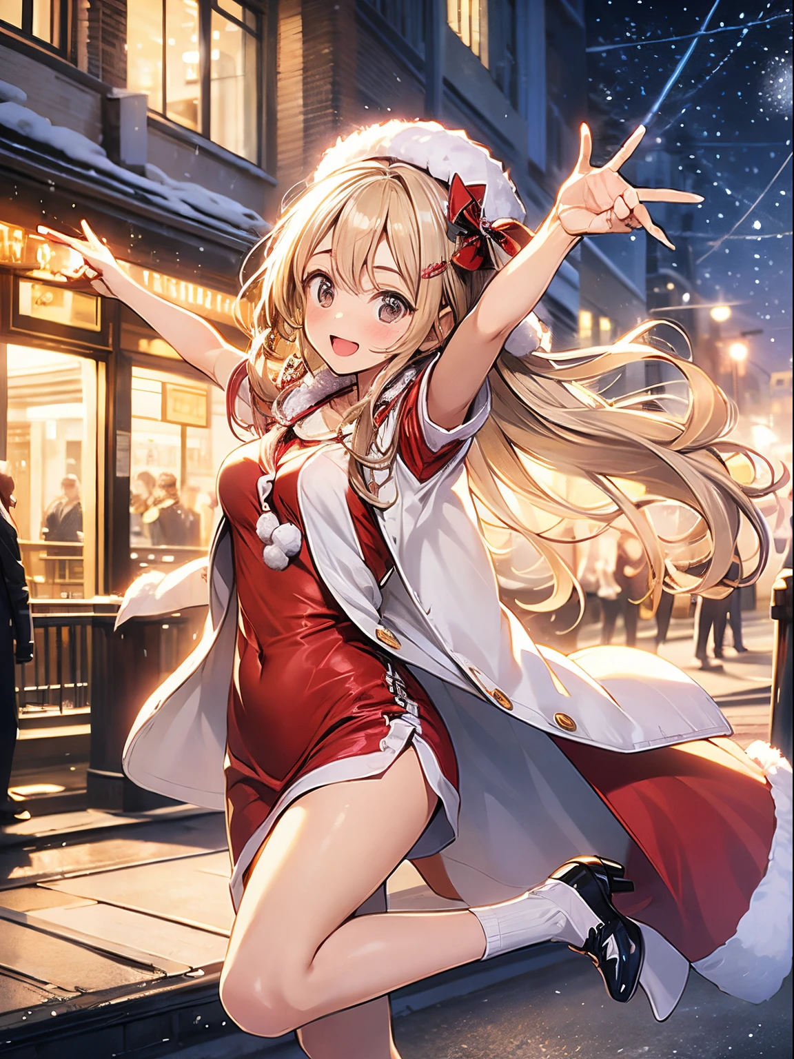 in 8K、top-quality、​masterpiece、ultra-detailliert、Ultra-high resolution、1 persons、 girl、It's snowing、nightcity、a blond、santa costume、Aerial view、spreading arms widely、dance