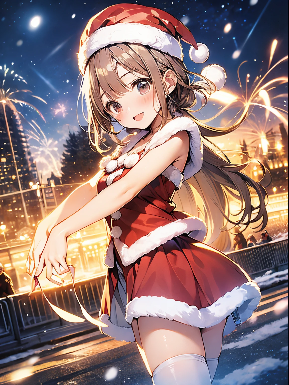 in 8K、top-quality、​masterpiece、ultra-detailliert、Ultra-high resolution、1 persons、 girl、It's snowing、nightcity、a blond、santa costume、Aerial view、spreading arms widely、dance