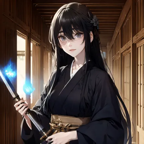 A woman in a kimono. She is wearing a black kimono. she has pale skin. Dark circles under her eyes. Her eyes widen. she smiles. Hold a sword. Long hair. A blue fireball floats. wooden building. corridor.