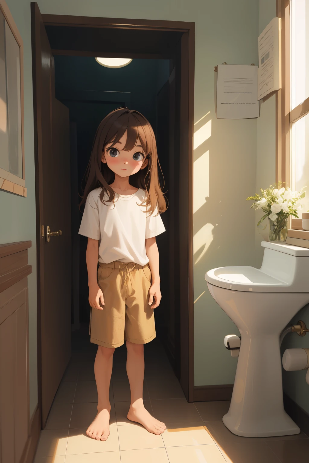 The upper part of the body、an oil painting、​masterpiece、top-quality、hight resolution、long brown hair、a 10 year old boy、In the toilet，Young Face，Standing