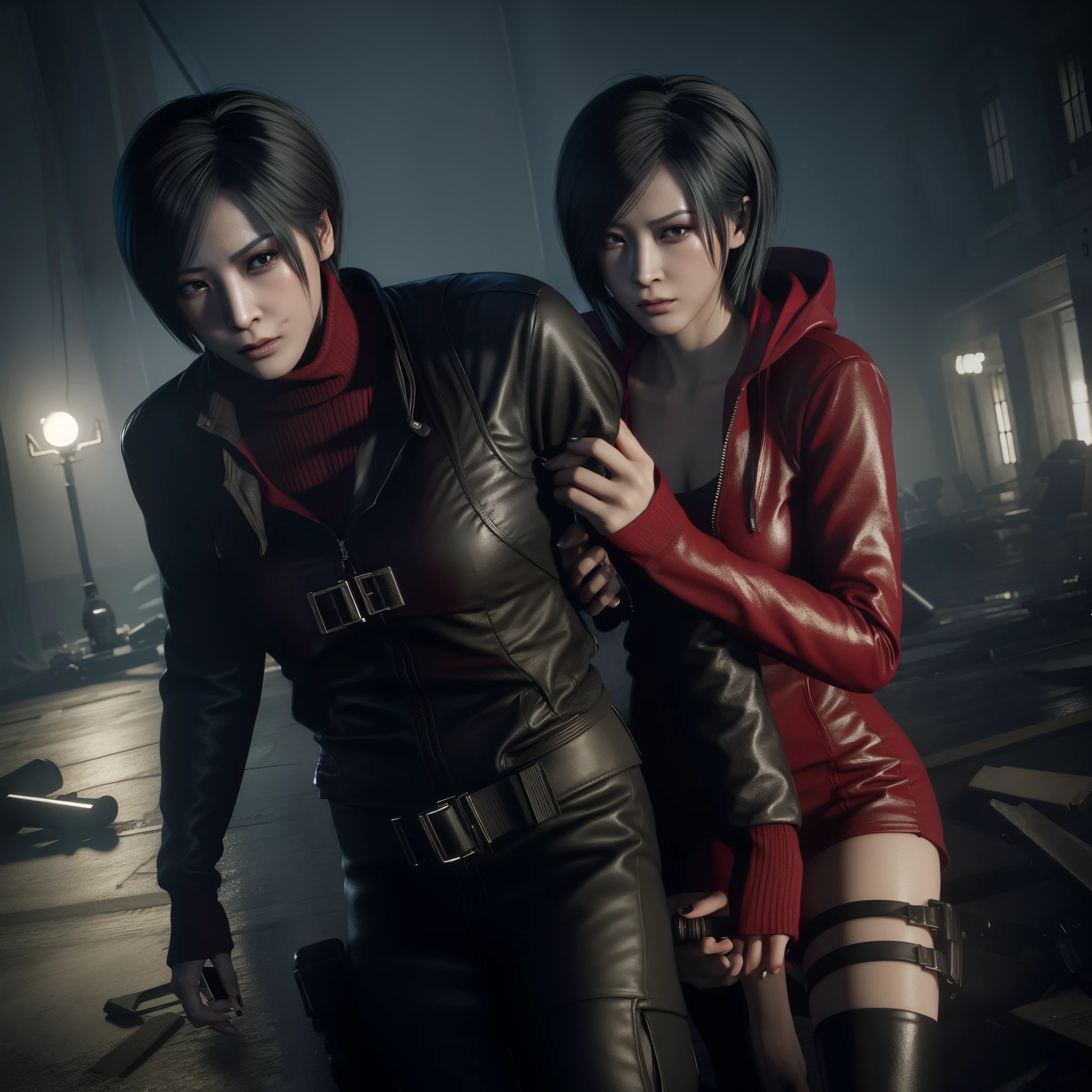 Ada wong ,Woman, wearing mini red dress with hoody, bob hair, black nail polish, glazed eyes, sad expression