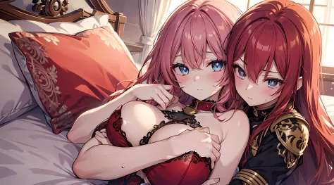 2 girl, posing for a picture on bed, hugging each other, boob touching, hand on chest, touching breast, (red hair), blushed face, battle knight suit, breast plate, long skirt, big breast, pixiv, anime girls, mischievous facial expression, (beautiful detail...
