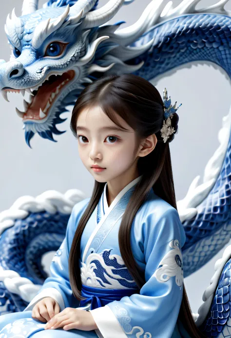 close up,A little Chinese girl sits on a blue-and-white porcelain dragon,6 years old,looks like angelababy,wearing a gorgeous Hanfu, Blue and white porcelain dragon, dream scene, grand scene,minimalism,Chinese dragon,C4D rendering,Surrealism, master works,...