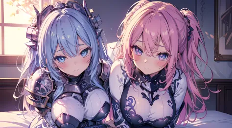 2 girl, posing for a picture on bed, hugging from behind, hand on chest, touching breast, blushed face, battle knight suit, breast plate, long skirt, big breast, pixiv, anime girls, mischievous facial expression, (beautiful detailed eyes:1.6), extremely de...