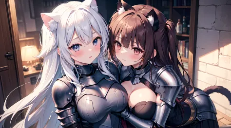 masterpiece, best quality, 2 cat eared girls, (kissing), blush on their face, (groping), mischievous facial expression, female knight armored, hand on chest, girl, touching breast, (full body:0.8), standing and hugging each other.