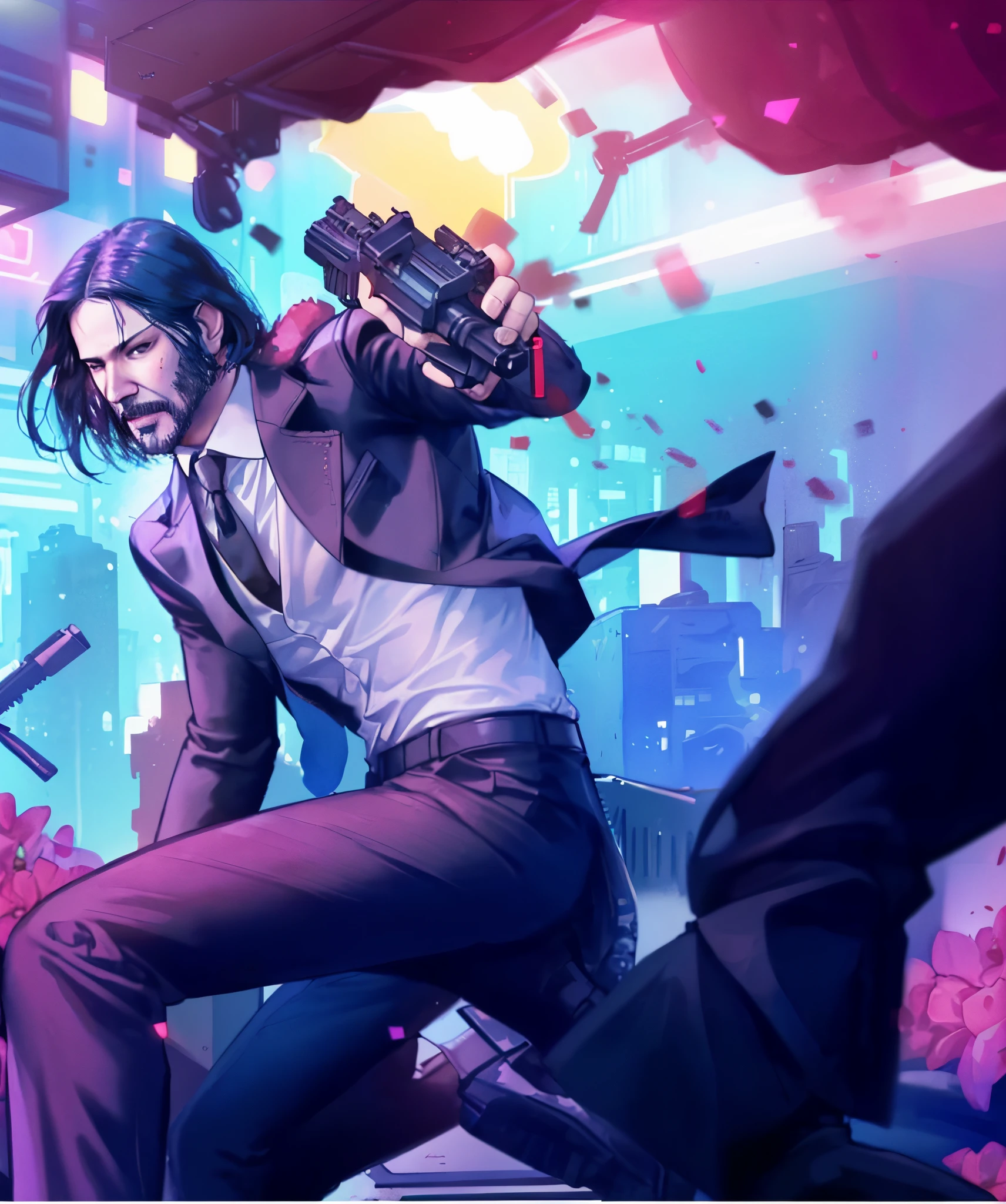 There&#39;s a man with a gun in a burning room, portrait of john wick, John Wick, From the new John Wick movie, in the john wick movie, headquarters 4k wallpaper, Badass composition, Disco Elysium Keanu Reeves, Cyberpunk Jesus Christ, Wojtechfors, Artgerm and Atey Ghailan, shadowrun splatter art