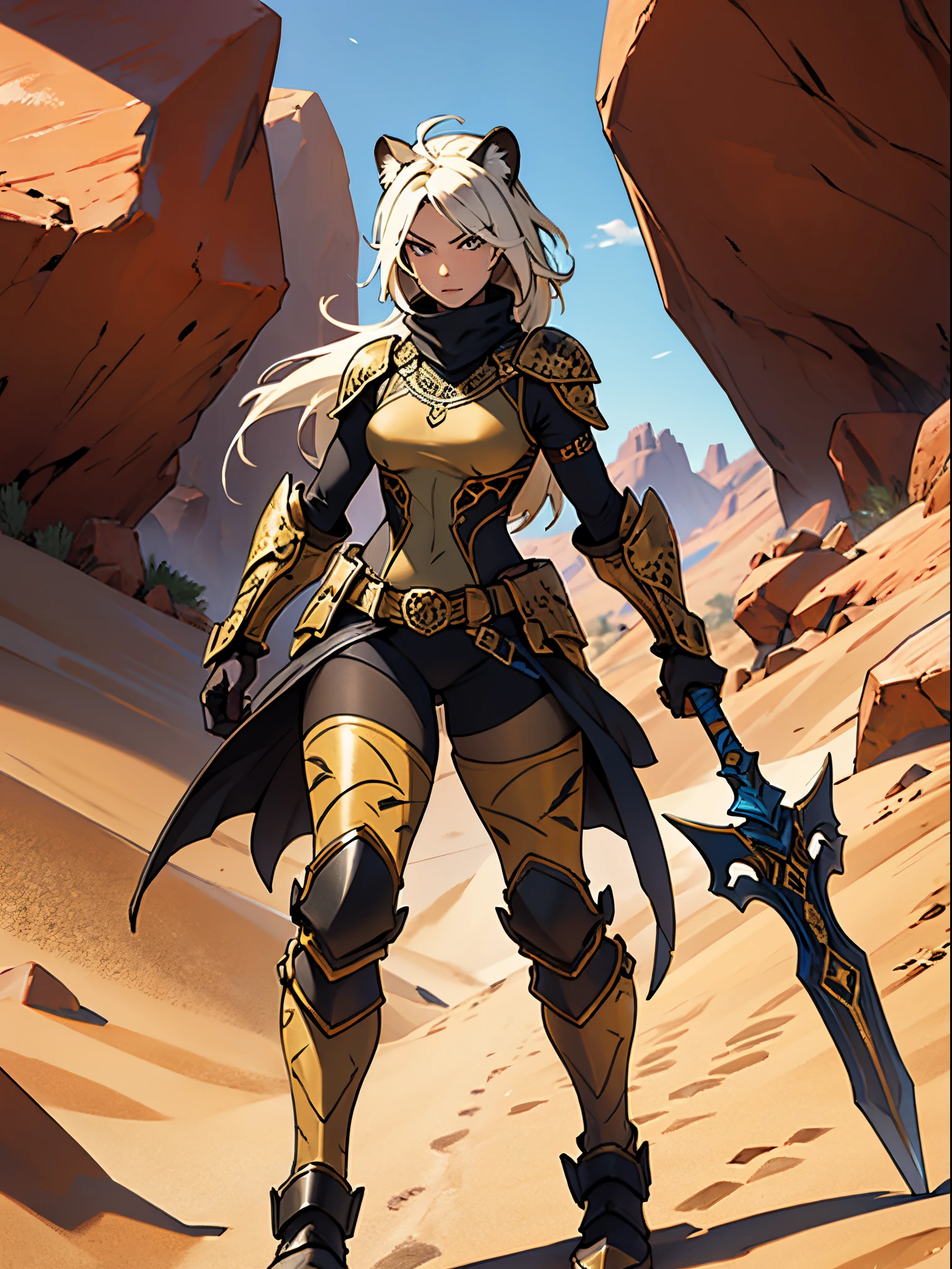 Female warrior holding spear，Cheetah motif，full body armored，25 age old，fully body photo，A desert