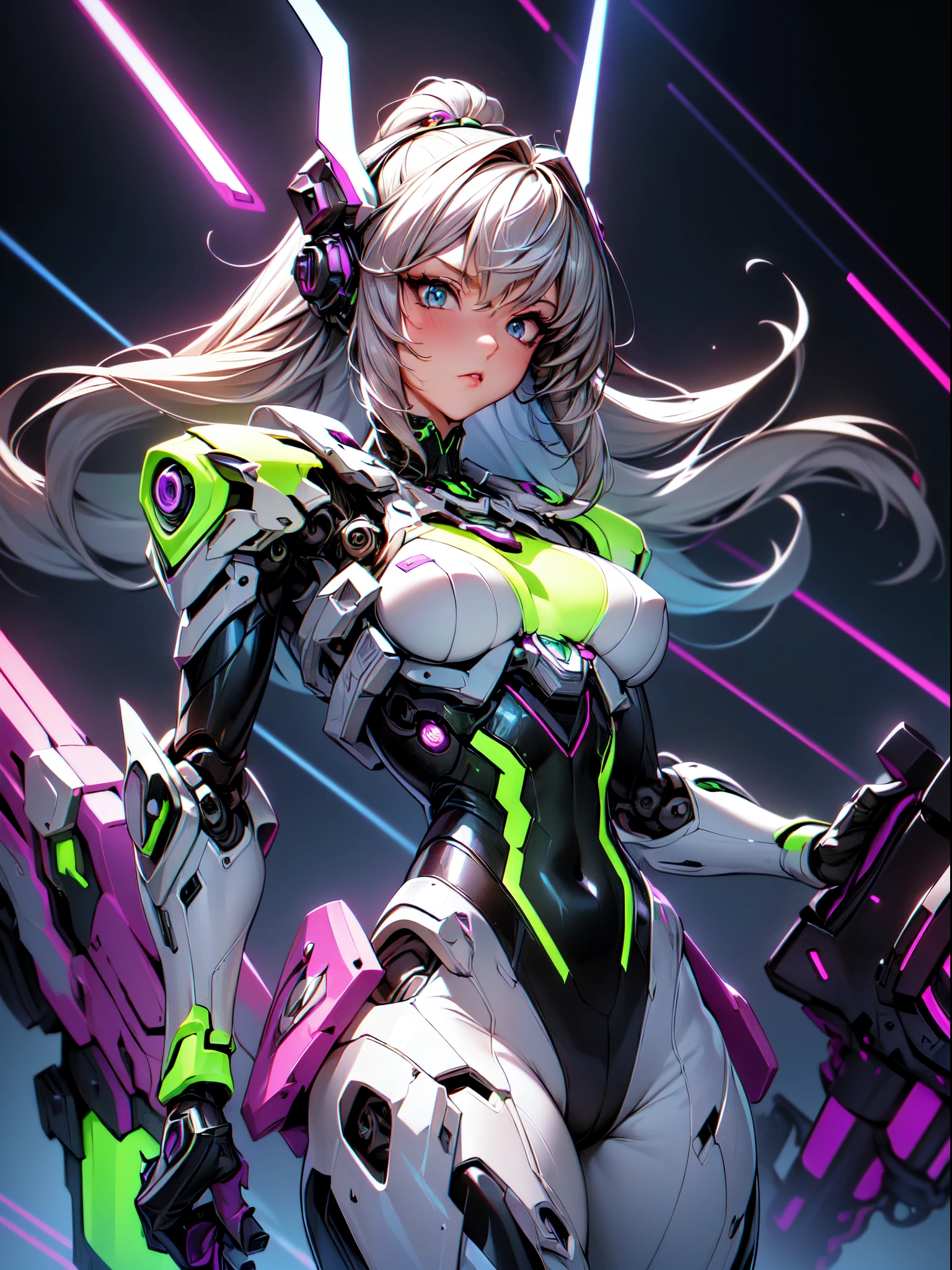 absurderes,(​masterpiece、top-quality,intricate detailes),ultra-detailliert、1beautiful woman,(Machine Girl 1.3),Purple long hair,(Mechanical body,mechanical arms :1.4),(greenr&Silver metallic body:1.3),(weapon ,laser sword :1.3),Neon Light Parts,Red glowing neon lights,Blue Glowing Neon Lights、Mechanical headgear ,Upper body,(Cyberpunk ),(dynamic pose,motion line :1.2),Hyper realistic,Perfect Anatomy