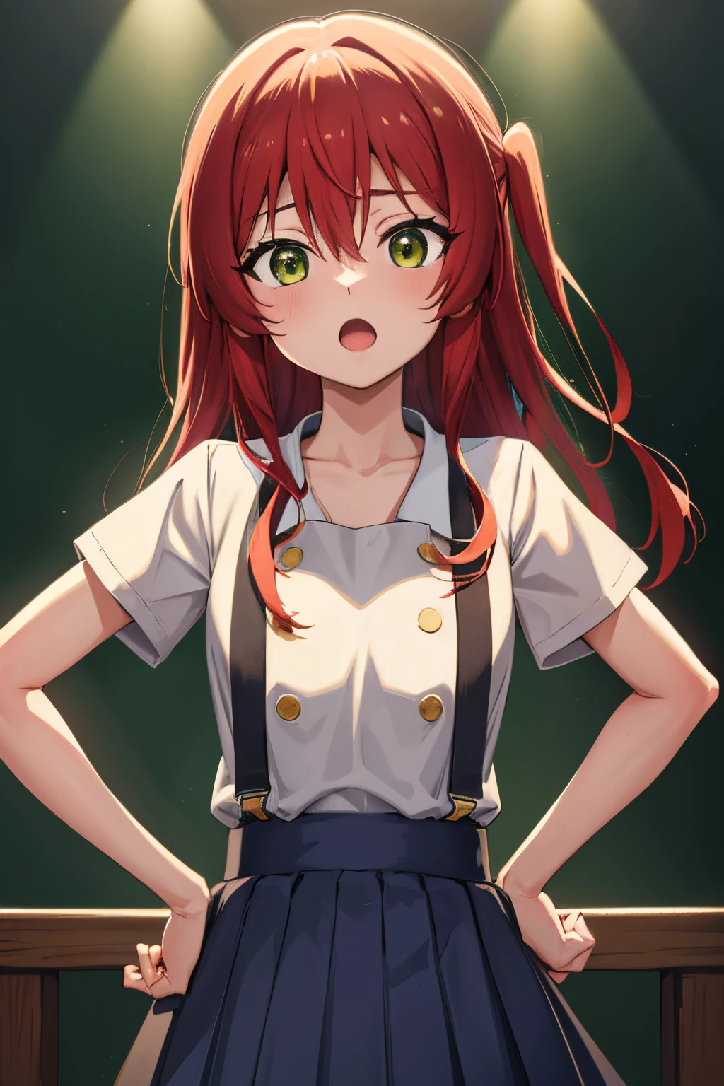 kitaikuyo, ikuyo kita, (green eyes:1.5), hair between eyes, long hair, one side up, red hair, (flat chest:1.2),
BREAK black footwear, black skirt, grey sailor collar, pleated skirt, sailor collar, school uniform, shoes, short sleeves, shuka high school uniform, skirt,,
BREAK looking at viewer,
BREAK indoors, classroom,
BREAK (masterpiece:1.2), best quality, high resolution, unity 8k wallpaper, (illustration:0.8), (beautiful detailed eyes:1.6), extremely detailed face, perfect lighting, extremely detailed CG, (perfect hands, perfect anatomy),up chest.big breasts.Sad face.open mouth.put hands on the hip