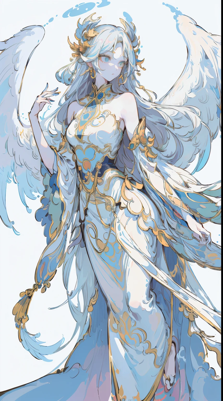 (Designed by nty:1.4),Full body portrait of 1 girl, Yoshitaka Amano character design,solo,Angelic, symmetric beauty, the angel's wings, Gorgeous long dress, The stands up, (((solo))), Colorful collocation，Clear facial features, Clean line design, Magical elements, future-tech, ((tarot card background)), Standing figure of the figure, ((flatcolors)), (tmasterpiece，top-quality，Best quality，Ultra-high resolution), ((exquisite facial features，Clear facial features，beautidful eyes，beauitful face))