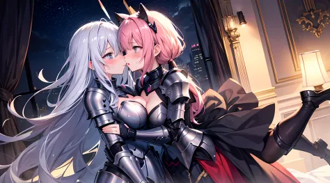 masterpiece, best quality, 2 cat eared girls, (kissing), (groping), blushed face, mischievous facial expression, female knight armored, hand on chest, girl, touching breast, (full body:0.8), standing and hugging each other.