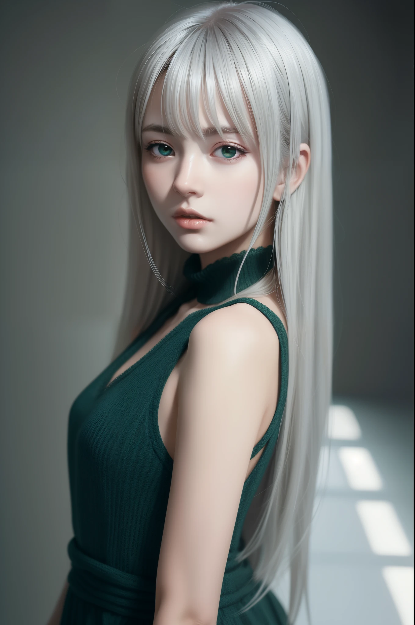 A close up of a woman with long white hair wearing a green dress - SeaArt AI