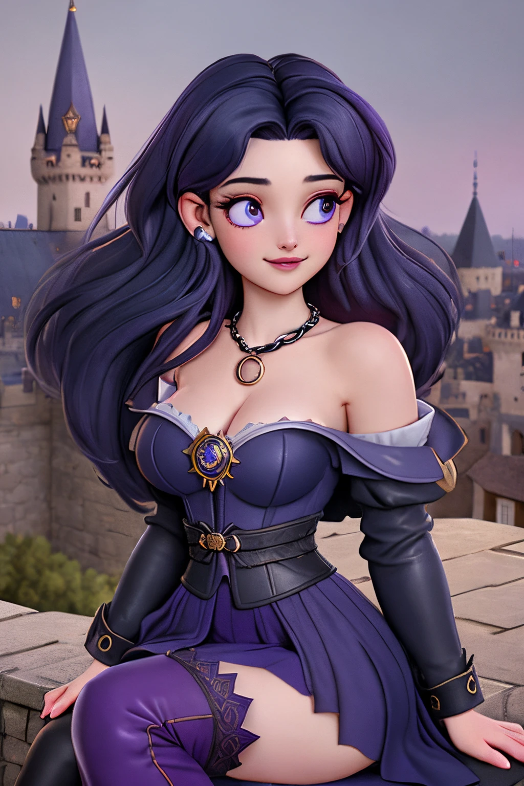 close up 1girl in, 20years, Solo, Aesthetic artwork, long dark blue hair, thick dark blue hair, Violet eyes, clear skin, pale skin, massive breasts, DD-Cup, cleavage, fit body, (round hips, thin waist: 1.25), (Sirius face, dark lipstick, mischievous smile:1.1), key necklace, (wearing full length wizard robes purple, corset, bare shoulders, thigh high boots, chains:1.1), (sitting:1.21), (detailed Castle roof background:1.1), rooftop, overlooking medieval city, 4k textures, soft cinematic light, RAW intricate, elegant, highly detailed, sharp focus, soothing tones, insane details, intricate details, hyperdetailed, low contrast, soft light, exposure blend, hdr, faded