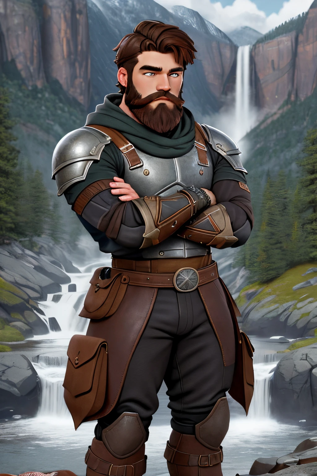 close up 1man in, bearded, Solo, brown hair, messy brown hair, short hair, dark eyes,  taned skin, heavy set, big boned, strong, thick body, manicured beard, detailed skin, neutral face, (wearing Hunter armor, leather pants, van braces, big boots, fingerless gloves: 1.1), (crossing arms: 1.22), (detailed mountainous background:1.1), valley, overlooking waterfall, 4k textures, soft light, elegant, highly detailed, sharp focus, soothing tones, insane details, intricate details, hyperdetailed, low contrast, exposure blend, hdr, faded