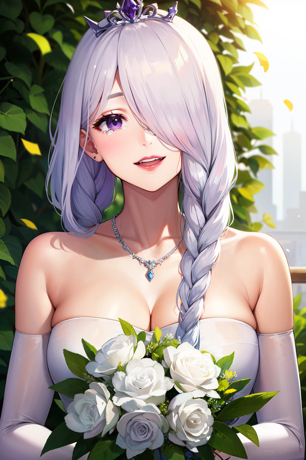 masterpiece, best quality, highres, aaichika,  tiara, bridal veil, necklace, cleavage, wedding dress, strapless dress, white dress, white gloves, elbow gloves, garden on background, smile, open mouth, tears, upper body, confetti, holding bouquet, bouquet,mei mei, long hair, very long hair, braid, (hair over one eye:1.5), braided ponytail, one eye covered, braided bangs, (purple eyes:1.1), Purple lipstick on the lips