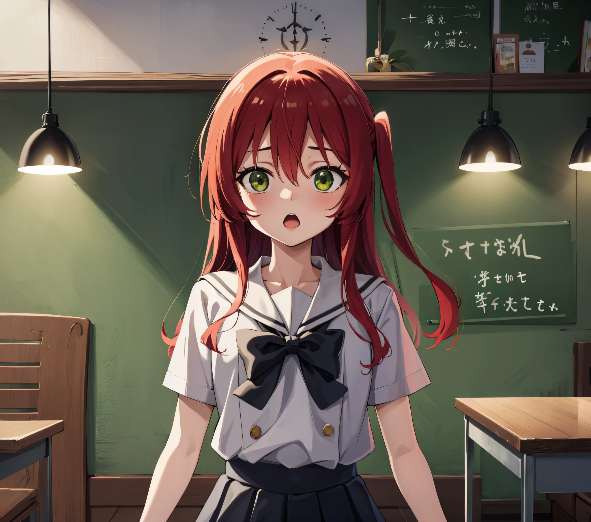 kitaikuyo, ikuyo kita, (green eyes:1.5), hair between eyes, long hair, one side up, red hair, (flat chest:1.2),
BREAK black footwear, black skirt, grey sailor collar, pleated skirt, sailor collar, school uniform, shoes, short sleeves, shuka high school uniform, skirt,,
BREAK looking at viewer,
BREAK indoors, classroom,
BREAK (masterpiece:1.2), best quality, high resolution, unity 8k wallpaper, (illustration:0.8), (beautiful detailed eyes:1.6), extremely detailed face, perfect lighting, extremely detailed CG, (perfect hands, perfect anatomy),up chest.big breasts.Sad face.open mouth.