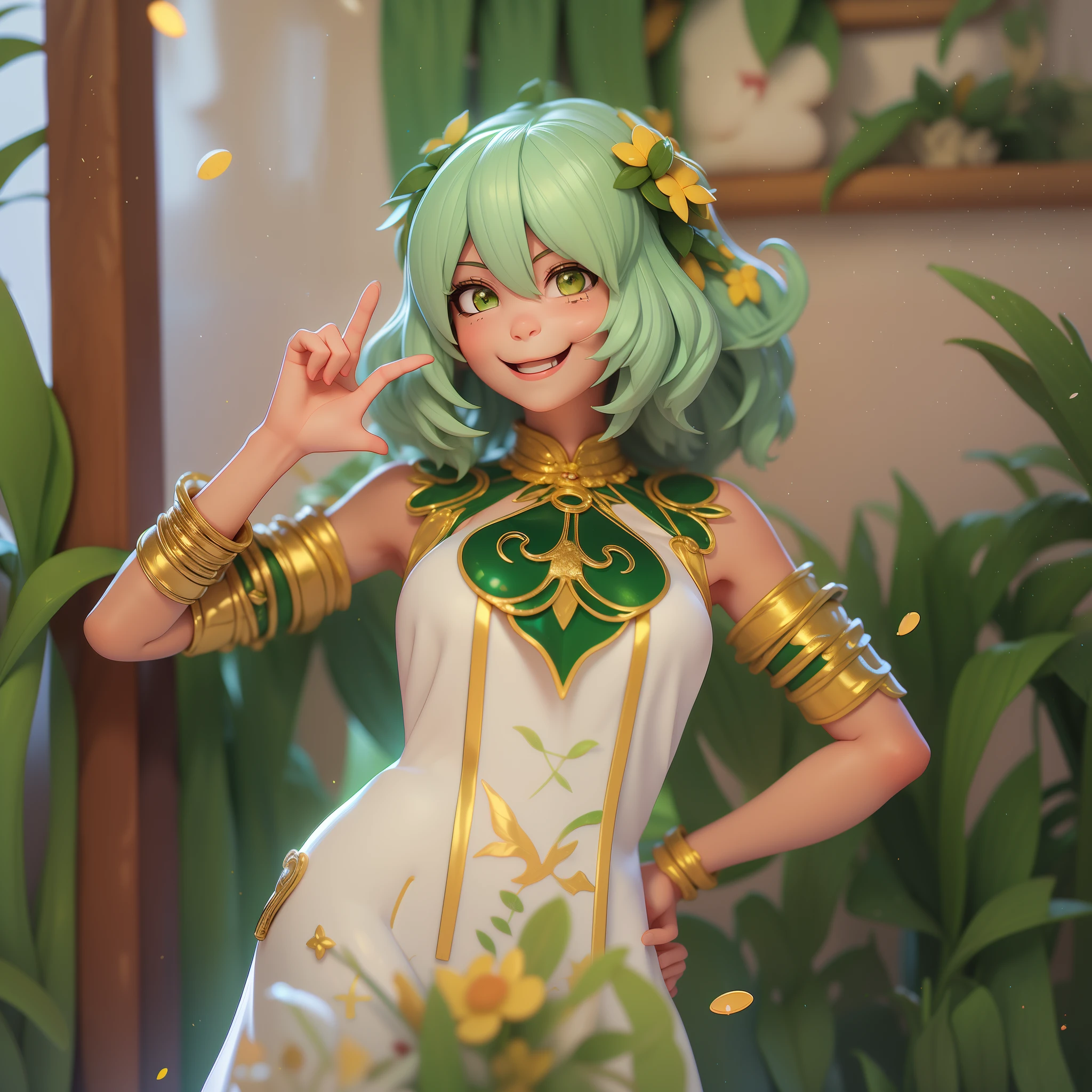 arafed woman in a white dress with green and gold accents, Cartoon, cute, smiley, UWU, happy,catmouth, smug，((smiley face)),;3, uwu,((laughing out loud))