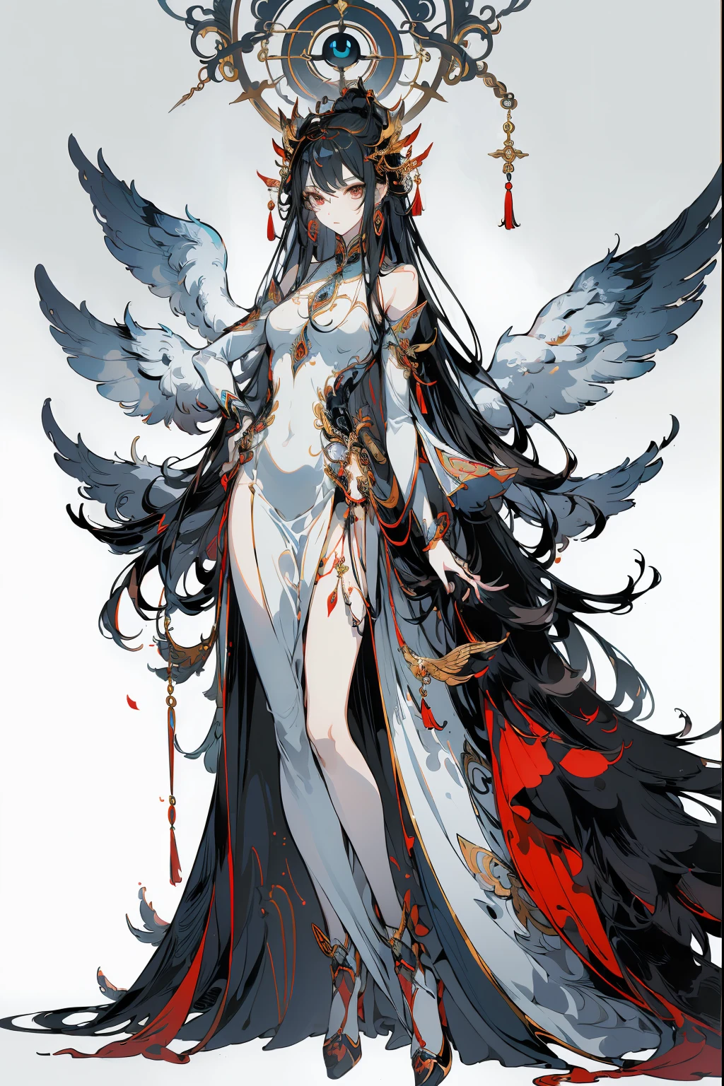 (Designed by nty:1.4),Full body portrait of 1 girl, Yoshitaka Amano character design,solo,Angelic, symmetric beauty, the angel's wings, Gorgeous long dress, Stood up, (((solo))), Colorful collocation，Clear facial features, Clean line design, Magical elements, future-tech, ((tarot card background)), Standing figure of the figure, ((flatcolors)), (tmasterpiece，top-quality，Best quality at best，Ultra-high resolution), ((exquisite facial features，Clear facial features，beautidful eyes，beauitful face))