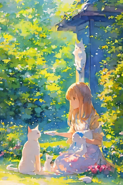 watercolor paiting、Pale colors、Cats、One lady
