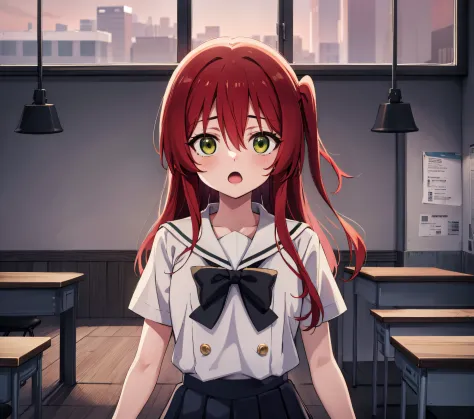 kitaikuyo, ikuyo kita, (green eyes:1.5), hair between eyes, long hair, one side up, red hair, (flat chest:1.2),
BREAK black foot...