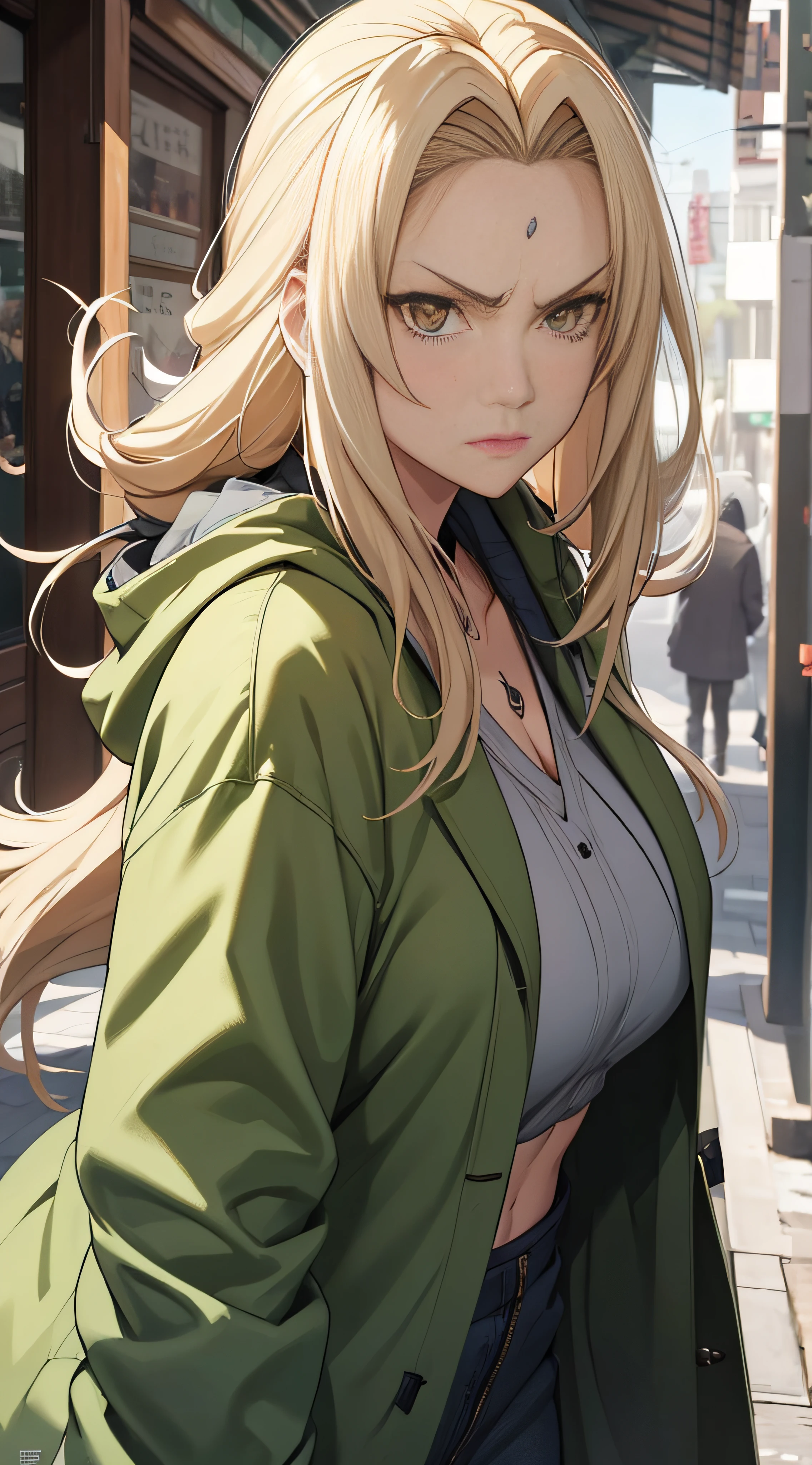 tmasterpiece，blond hairbl，Green coat，Golden eyes，angry，slightly fat big breasts，Be red in the face，Headwinds and sagging，best qualtiy，The is very detailed，Bust photo，Get close to the lens，Top-down view，with a good figure